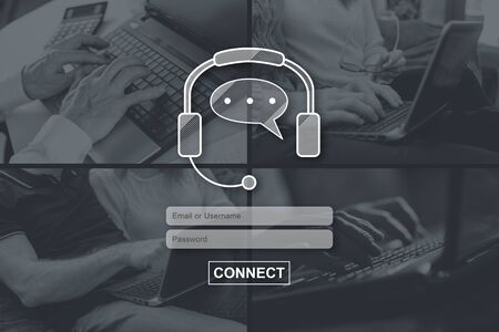 Phone support concept illustrated by pictures on background