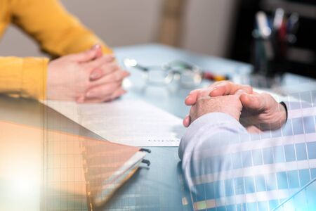 Situation of business negotiation between businesswoman and businessman; multiple exposure