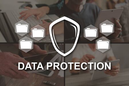 Data protection concept illustrated by pictures on backgroundの写真素材