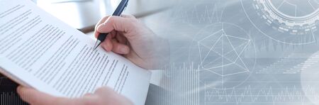 Reading documents, closeup; panoramic banner