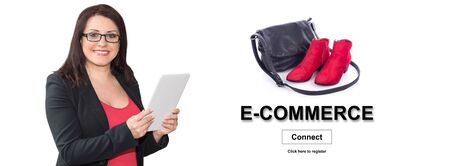 Woman using digital tablet with e-commerce concept on backgroundの写真素材
