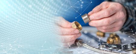 Plumber hands using plumbing fittings; panoramic banner