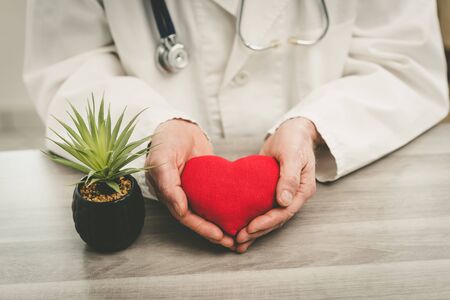 Red heart in hands of doctor; health insurance concept