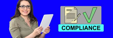 Woman using digital tablet with compliance concept on background