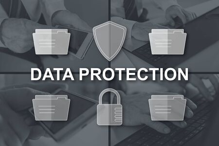 Data protection concept illustrated by pictures on background