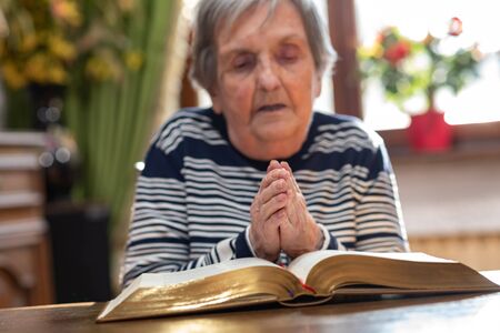 Elderly woman praying with his hands over the bibleの写真素材