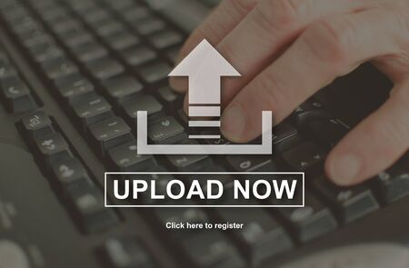 Upload concept illustrated by a picture on backgroundの写真素材