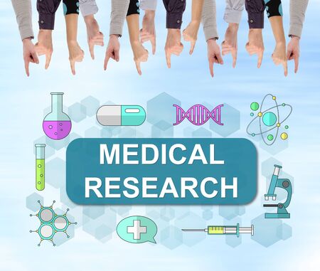 Medical research concept pointed by several fingersの写真素材