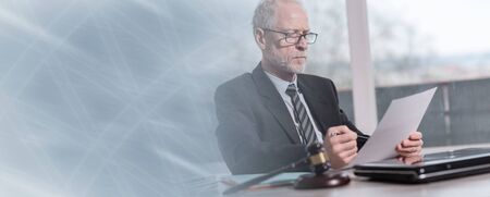 Lawyer working on legal document; panoramic banner