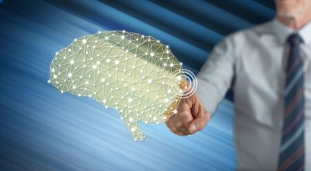Man touching an intelligence concept on a touch screen with his finger