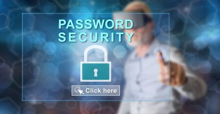 Man with vr headset touching a password security concept on a touch screen with his finger