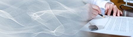 Woman signing a car purchase contract in car dealership; panoramic banner