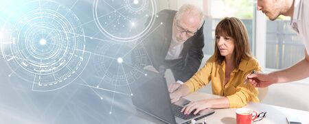 Business people working together in office, light effect; panoramic banner