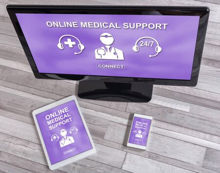 Online medical support concept shown on different information technology devicesの写真素材