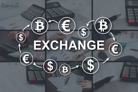 Exchange concept illustrated by pictures on backgroundの写真素材