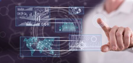 Man touching a business digital interface concept on a touch screen with his finger