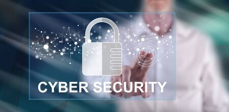 Man touching a cyber security concept on a touch screen with his finger