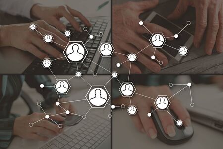 Social media network concept illustrated by pictures on background