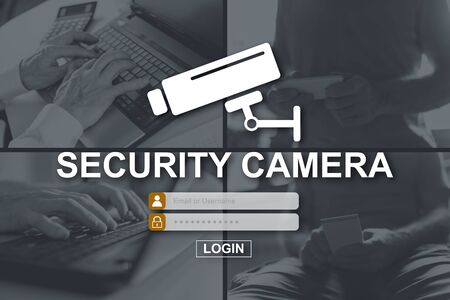 Security camera concept illustrated by pictures on backgroundの写真素材