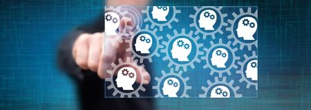 Man touching a machine learning concept on a touch screen with his finger