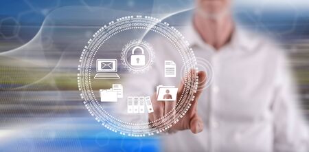 Man touching a data protection concept on a touch screen with his finger