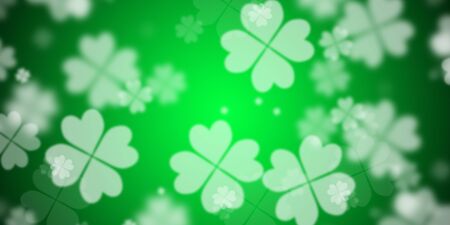 Flying four leaf clovers over flashy green background