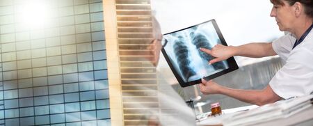 Female doctor showing xray to her patient in medical office; multiple exposure