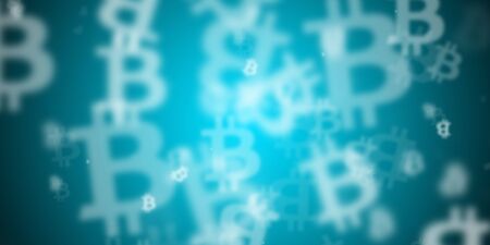 Flying bitcoin logos over light blue backgroundの写真素材