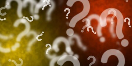 Flying question marks over yellow and coral orange backgroundの写真素材