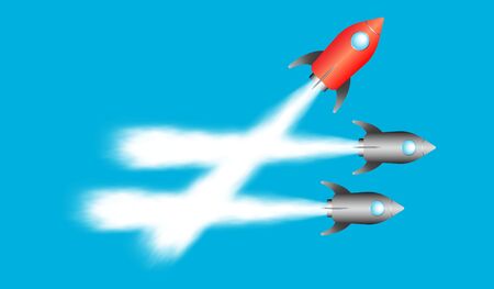 Red rocket taking a different direction from others. Concept of thinking differently and disruption