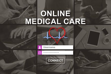 Online medical care concept illustrated by pictures on backgroundの写真素材
