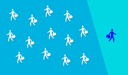 Businessman walking in the opposite direction to all other people. Concept of thinking differently and individualityの写真素材