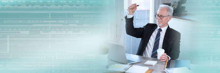 Senior businessman with arms up; business success; panoramic banner