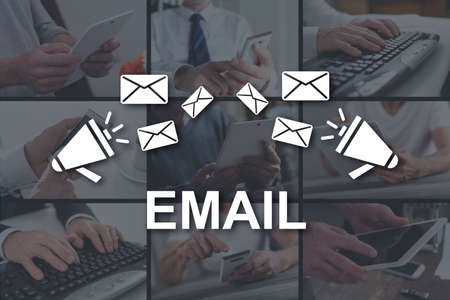 Email concept illustrated by pictures on backgroundの写真素材