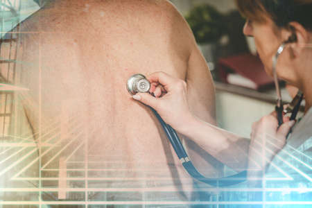 Female doctor auscultating her patient with stethoscope; multiple exposure