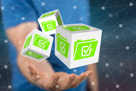 Document validation concept above the hand of a man in backgroundの写真素材