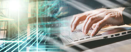 Male hands typing on laptop keyboard; multiple exposure