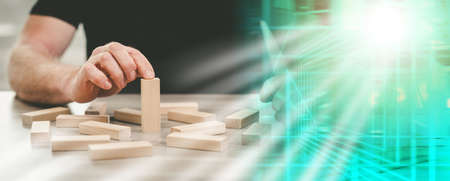 Symbol of candidate choice with wooden blocks; recruitment concept; multiple exposure