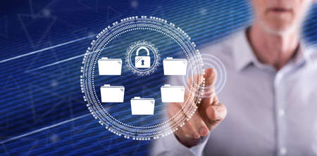 Man touching a data protection concept on a touch screen with his finger