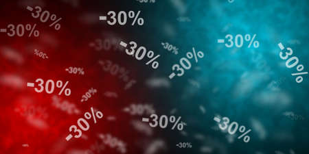 Flying -30% discount symbols over red and light blue background