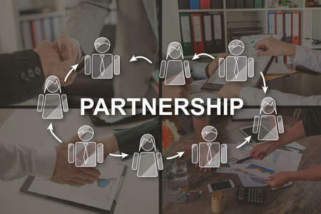 Partnership concept illustrated by pictures on backgroundの写真素材
