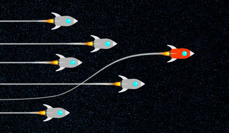 Red rocket overtaking all others. Concept of winning strategy on starry sky backgroundの写真素材