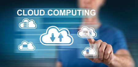 Man touching a cloud computing concept on a touch screen with his finger