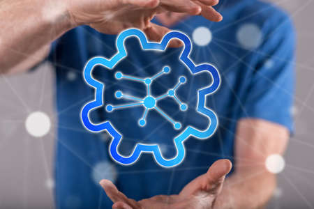 Network management concept between hands of a man in background