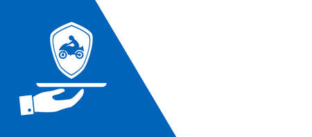 Concept of motorbike insurance on blue and white background. Copy space. Panoramic bannerの写真素材