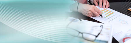 Businesswoman analyzing marketing data; panoramic banner