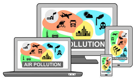 Air pollution concept on different devices, isolated on white