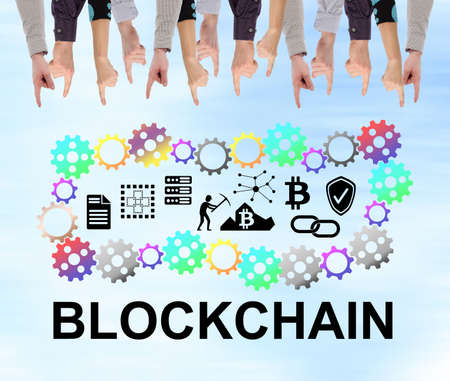 Blockchain concept pointed by several fingers