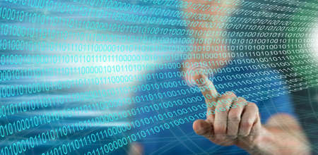 Man touching a digital technology concept on a touch screen with his finger