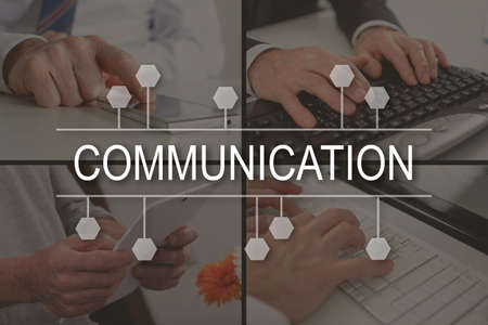 Communication concept illustrated by pictures on backgroundの写真素材